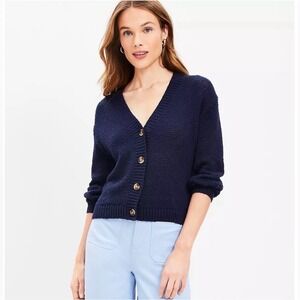 LOFT Navy Blue Textured Knit V-Neck Button Front Cardigan Sweater Womens‎ Small